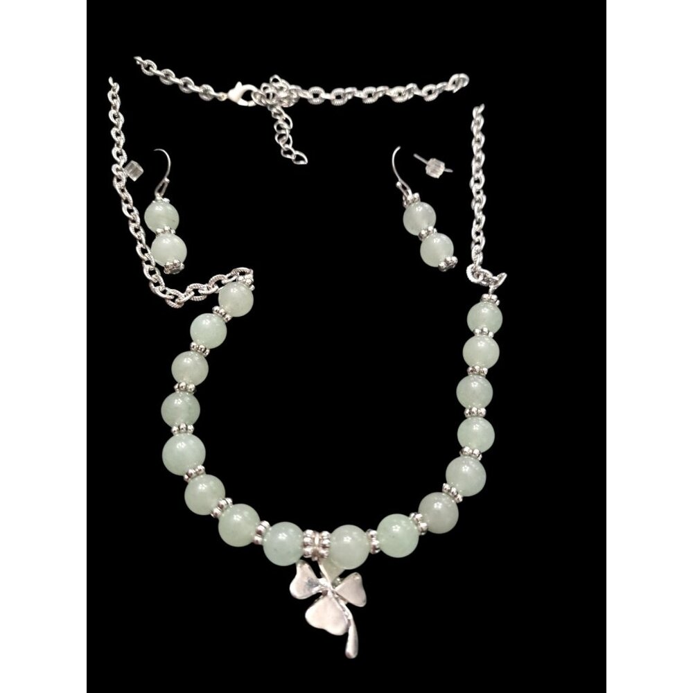 Shamrock Necklace Earrings Green Beaded Silver Four Leaf Clover Fighting Irish